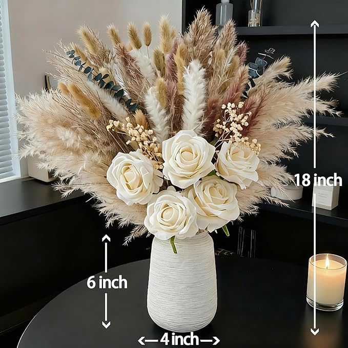 100pcs Artificial Flowers Arrangement with Vase, Fake Flowers Silk Roses in Vase, Coffee Table Decorations,Boho Dried Pampas Grass, Dining Table Decor, Floral Centerpieces for Tables, Centro de Mesa