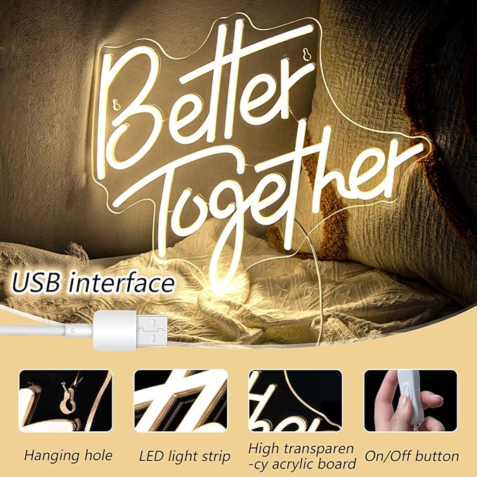 Better Together Neon Sign for Wall Decor Dimmable LED Neon Night Light Sign for Wall Party Décor Engagement Bedroom Bar Wedding Birthday Christmas Decoration, Warm White