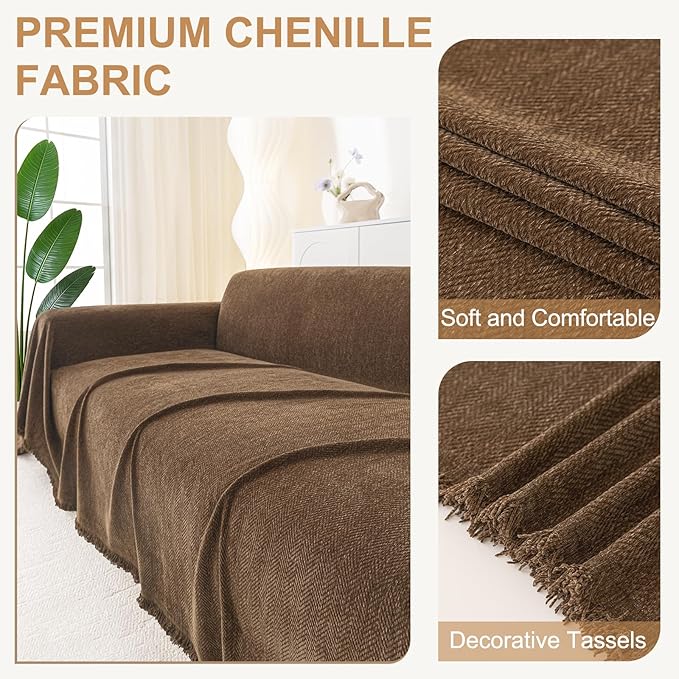 Smiry Couch Cover for Dogs, Washable Chenille Sofa Covers for 3 Cushion Couch, Soft Sofa Slipcover for Pets, Thick Sectional Furniture Protector with Tassels (Chocolate, 71x134 Inch)