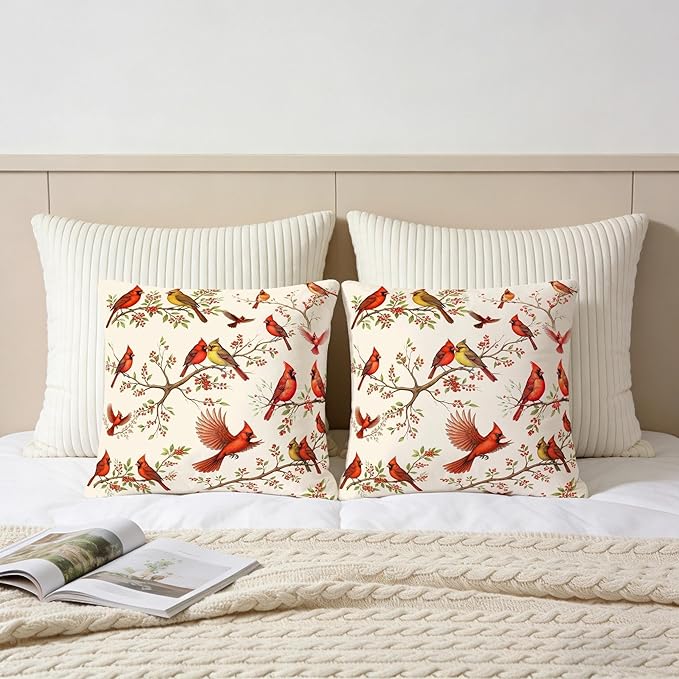 2 Pack Cute Red Cardinal Bird Throw Pillow Covers 18x18, Spring Easter Decorative Pillow Cases, Rustic Cushion Covers for Sofa Living Room Couch Bedroom, for Bird Lovers, Boho Home Decor