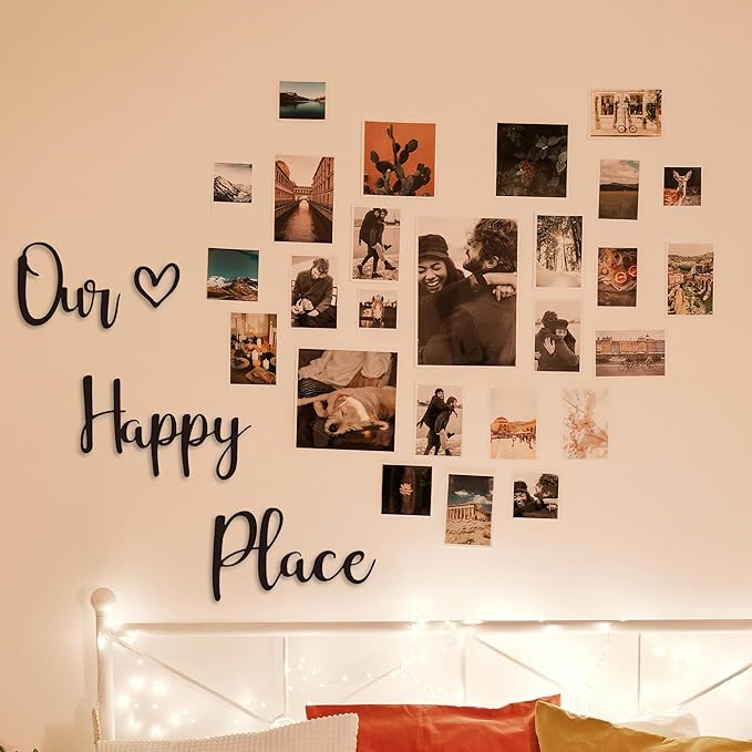 Our Happy Place Sign Metal Wall Decor Hanging Art Words Home Decor for Patio, Living Room, Bedroom, Kitchen, Bathroom and More, Black