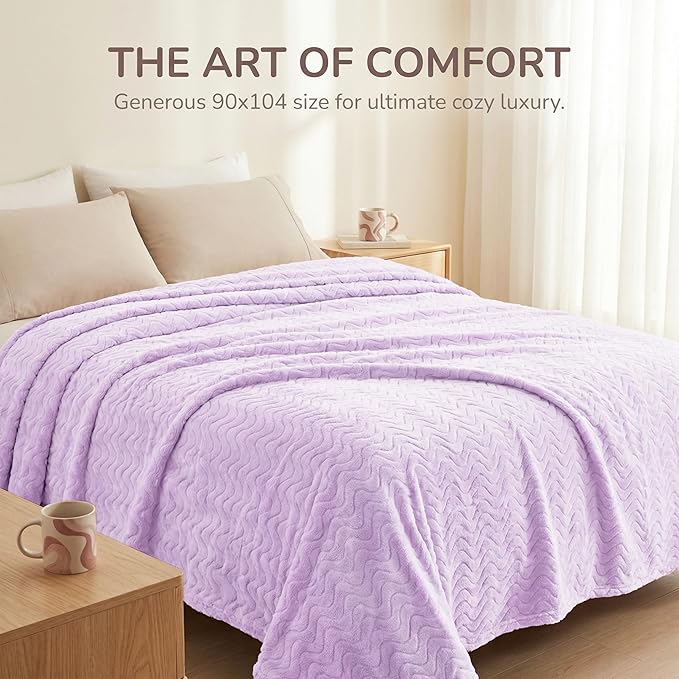Exclusivo Mezcla King Blanket for Bed, Cozy Lightweight Fleece Blankets for All Season, Decorative Giftable Fuzzy Plush Wave Textured Suitable for Women, Men, Lilac Purple, 90x104 Inches