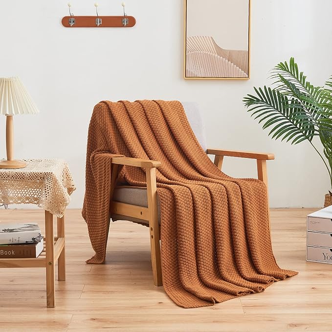 Longhui bedding Burnt Orange Knitted Throw Blanket for Couch, Soft, Cozy Machine Washable 100% Cotton Sofa Knit Blankets, Heavy 3.0lb Weight, 51 x 63 Inches, Laundry Bag Included