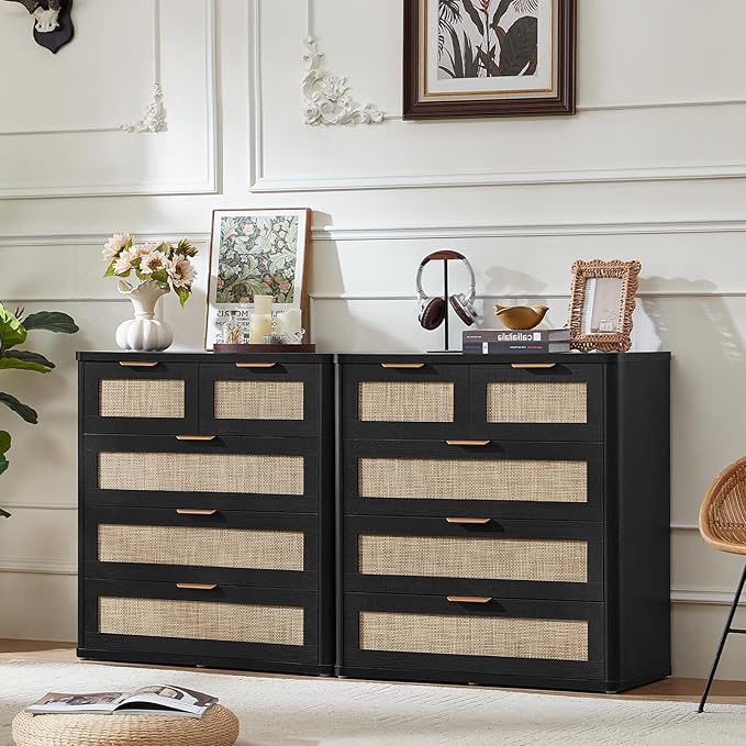 LEYAOYAO Rattan Dresser for Bedroom Set of 2, 33.5" Tall Chest of Drawers, Modern 5 Drawers Boho Dressers with Storage, Light Oak Dresser Wooden Closet Organizer for Living Room, Hallway, Black