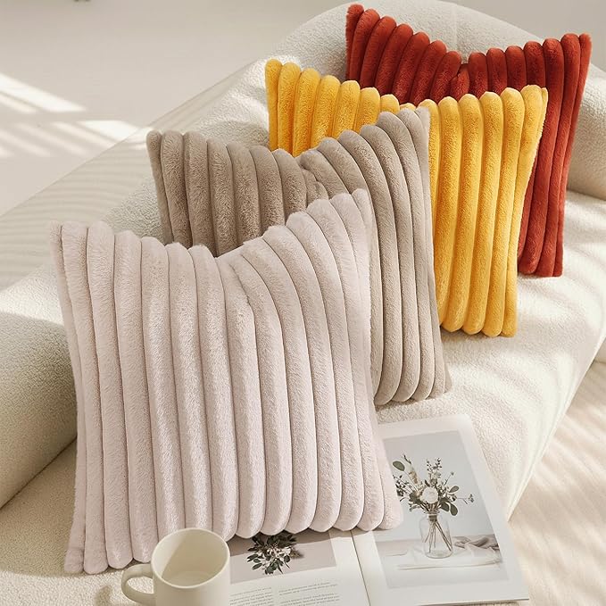 decorUhome Summer Cozy Faux Fur Throw Pillow Covers 20x20 Set of 2 Decorative Soft Plush Striped Modern Farmhouse Boho Couch Pillow Cases with Velvet Back for Sofa Bed Living Room, Mustard Yellow