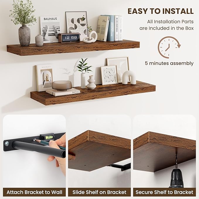 Fun Memories Floating Shelves for Wall - 10 x 16 Floating Shelf - Rustic Wood Storage Shelf - Wall Shelves with Invisible Bracket - 16" Bookshelves for Living Room & Bedroom - Rustic Brown - Set of 2