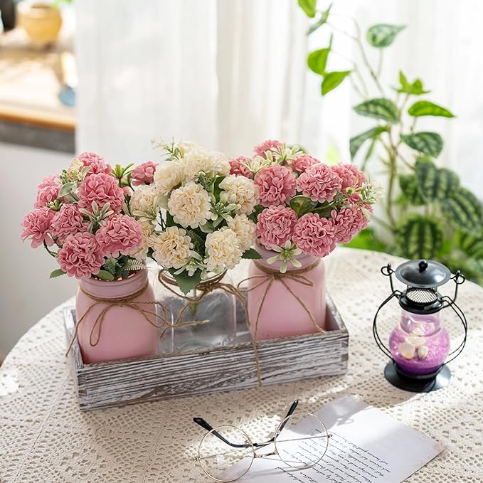 LUEUR 3PCS Artificial Hydrangea Flowers in Mason Jars with Wood Tray for Dining Table Coffee Table Farmhouse Home Decor Centerpieces Spring Decor Perfect for Kitchen, Living Room, Bathroom