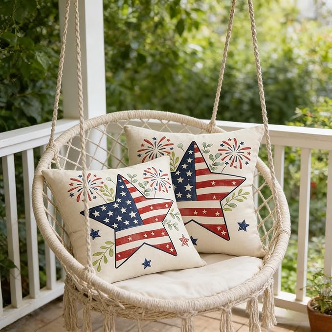 4th of July Patriotic Star Independence Day Throw Pillow Covers, Linen, 18x18 Inch, Set of 2, Farmhouse Style, Multicolor