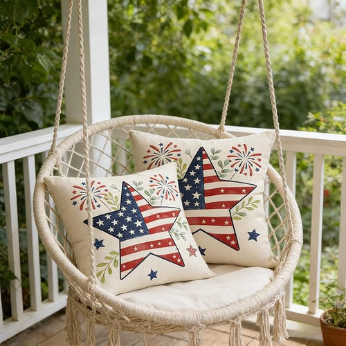 4th of July Patriotic Star Independence Day Throw Pillow Covers, Linen, 18x18 Inch, Set of 2, Farmhouse Style, Multicolor