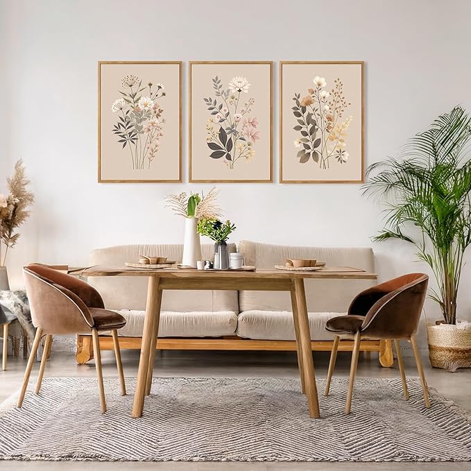 CHDITB Botanical Flower Framed Canvas Wall Art Set Of 3, Modern Nature Wildflower Wall Decor, Rustic Floral Wall Painting, Vintage Flowers Art Prints For Bedroom Living Room Office Decor (12X16 Inch)