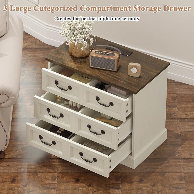 Farmhouse Nightstand with Charging Station, 27.6" Wide White Wood Nightstand with 3 Drawers Organizer, Larger Side Table End Table with Storage, Modern Night Stand for Bedroom, Living Room