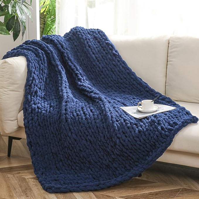 WESHIONGOO Chunky Knit Blanket Throw 51"×63" Knitted Throw Blankets for Couch Bed Fluffy Soft Blanket with Jumbo Chenille Yarn Thick 100% Handmade (Navy Blue)