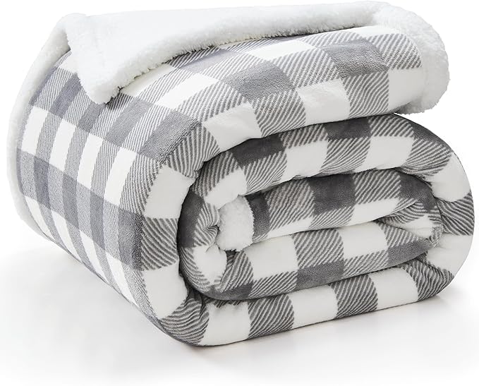 BEDELITE Sherpa Fleece Blanket - Grey and White Buffalo Plaid Christmas Blanket, Super Soft Cozy Warm Thick Winter Throw Blankets for Couch and Bed, 50" x 60"