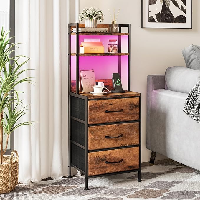 Fixwal 41 Inch Tall Nightstand with Charging Station, Led Night Stand with U-S-B Port & Socket, 3 PU Finished Fabric Storage Drawers, Office, Bedside Table & Bookshelf in One, Rustic Brown