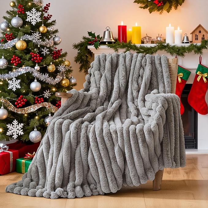 Lotus Karen Faux Fur Twin Blanket Couch, Cozy Soft Fluffy Fuzzy Gray Blanket, Striped Warm Thick Furry Plush Shaggy Small Blankets for Women, 60x80 Inches
