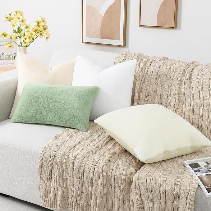 Pallene Faux Fur Plush Throw Pillow Covers 24x24 Set of 2, Soft Fluffy Couch Pillow Covers for Living Room, Beige