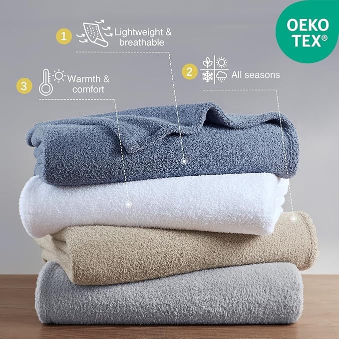Madison Park Fuzzy Knit Blanket Dream Soft Blanket Cozy Breathable Cover Luxrurious Feathersoft Feel, All Seasons Lightweight Bedding for Summer Cover for Bed, Couch & Sofa, Twin, Grey