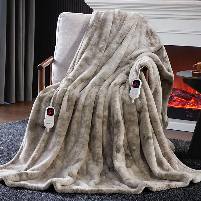 Guohaoi Heated Blanket Electric Throw, Soft Faux Rabbit Fur Electric Blanket with 10 Heating Levels 5 Sitting Timer Auto Off, Dual-Controller Heating Blankets, Machine Washable(84"×90" Light Grey)