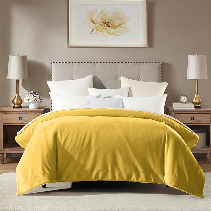 Mocassi Premium Ultra-Soft Flannel Fleece Sherpa Throw Blanket - Warm Cozy Reversible Plush Micromink Blanket for Couch, Bed and Sofa - Fluffy, Christmas Winter Bedding Gift, King, Yellow