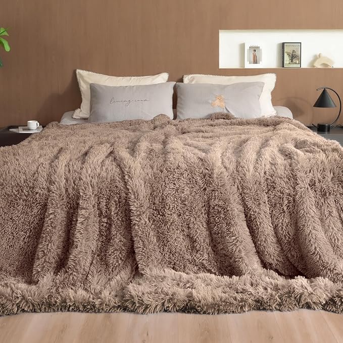 Pawque Faux Fur Blankets Queen Size Fluffy Soft, Sherpa Fleece Luxury Decorative Warm Cozy Throw for Sofa Couch Bed, Breathable & Washable, Brown / 90x90 inches