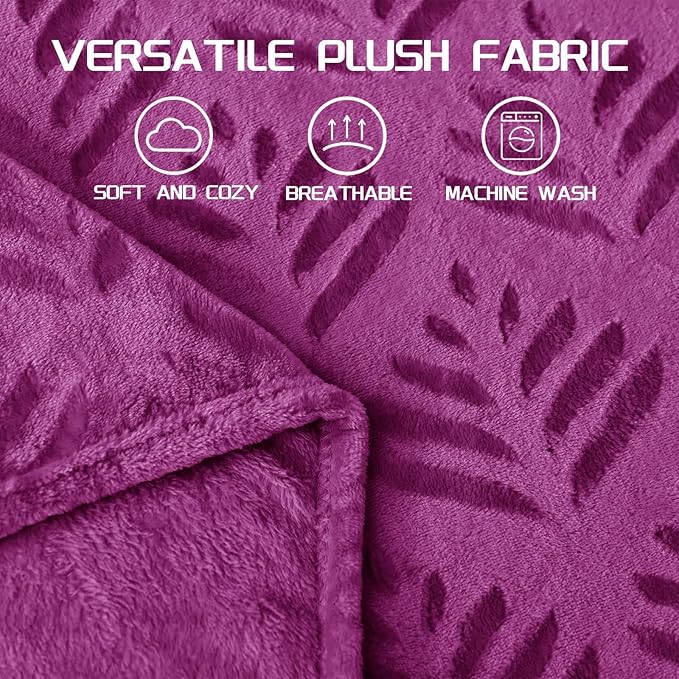 Exclusivo Mezcla Queen Size Fleece Blanket for Bed, Super Soft and Cozy Blankets All Season Use, Leaves Pattern, Plush Fuzzy Lightweight, Purple, 90x90 Inch