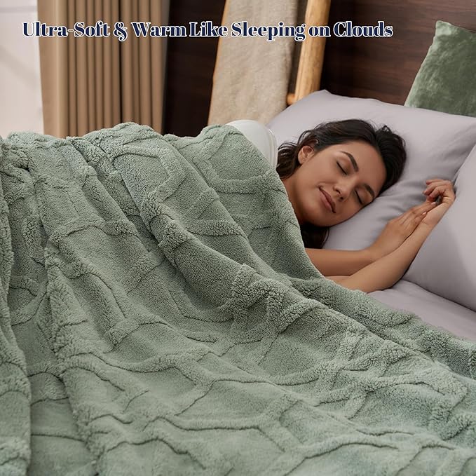 PHF Fluffy Sherpa Fleece Blanket Queen Size for Winter, Warm and Cozy, 510GSM 3D Tufted Shaggy Fleece Blanket for Sofa Bed, Sage Green, 90"x90"