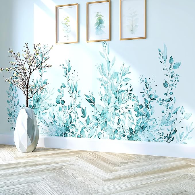 Spa Green Plants Leaves Wall Decals Peel and Stick, Large Floral Flowers Vinyl Wall Stickers, Removable Vine Home Decor Art for Bedroom Living Room Classroom Office