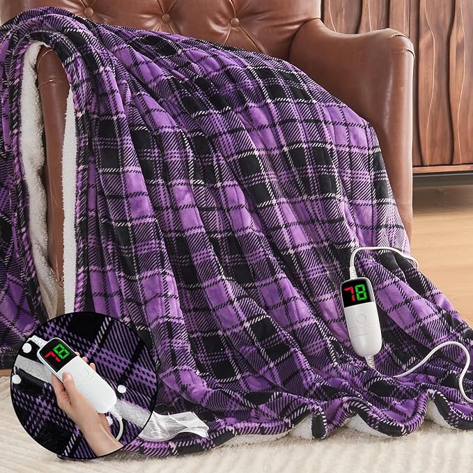 OCTROT Heated Blanket Electric, Twin Size 62X84, Heating Blanket with 10 Heating Levels & 8 Hours Auto Off, Purple Checkered Plaid Sherpa Blankets for Mom Grandma Women Couch