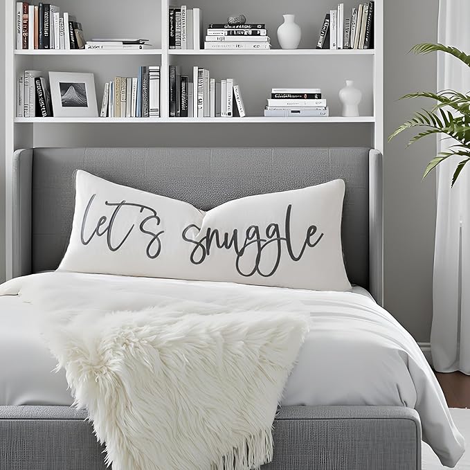 Sunkifover Let's Snuggle Decorative Lumbar Pillow Cover - 14x36 Inch White and Grey Cotton Embroidery Throw Pillowcase for Bed, Bedroom, Living Room, Home Decor