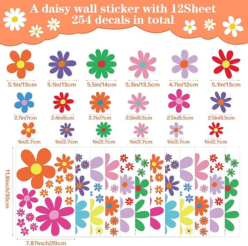 12 Sheets Daisy Wall Decals Boho Flower Wall Stickers Cute Kids Girls Room Decor Peel and Stick Floral Decals Toddler Nursery Playroom Living Room Bedroom Classroom Retro Hippie Decor Bright Style