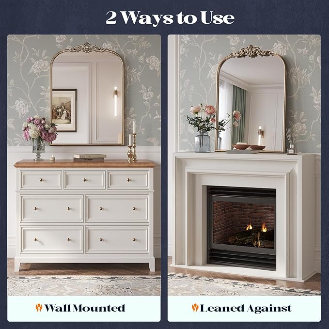 Gold Vintage Mirror, 30” x 40” Arched Gold Antique Mirror for Fireplace Mantel, Arch Baroque Brass Bathroom Mirrors for Wall with Ornate Metal Frame for Entryway, Bedroom, Living Room