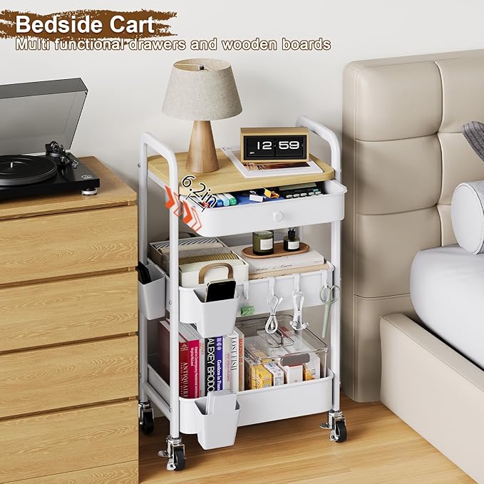 3 Tier Rolling Cart Metal with Table Top and Drawer, White Storage Cart with Wooden Top and Wheels, Three Tier Utility Carts Organizer for Art, Craft, Baby Diaper Caddy, Snack, Nail, Book, Makeup