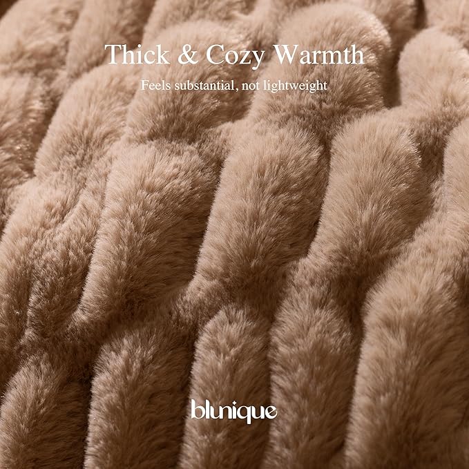 Faux Fur Blanket, Throw Blanket for Couch, Fluffy Blanket with Stretch Ruched Design, Ultra Soft Giftable Home Decor, 50x60 inches, Light Brown