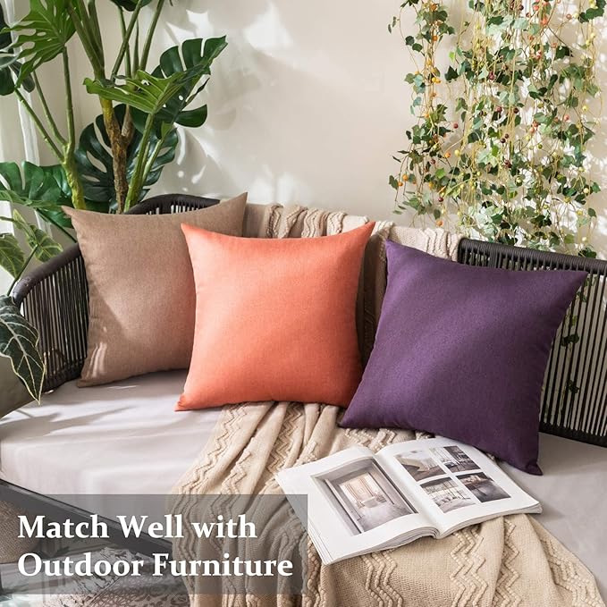 MIULEE Pack of 2 Decorative Outdoor Solid Waterproof Throw Pillow Covers Faux Linen Garden Farmhouse Cushion Cases for Patio Tent Balcony Couch Sofa 20x20 Inch Purple