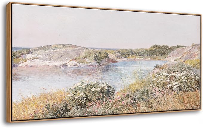 DJSYLIFE Large Framed Wall Art - Vintage Countryside Landscape Wildflowers River Scene Canvas Prints, Classical Paintings for Living room Bedroom Decor, Farmhouse Country Artwork 20"x40"