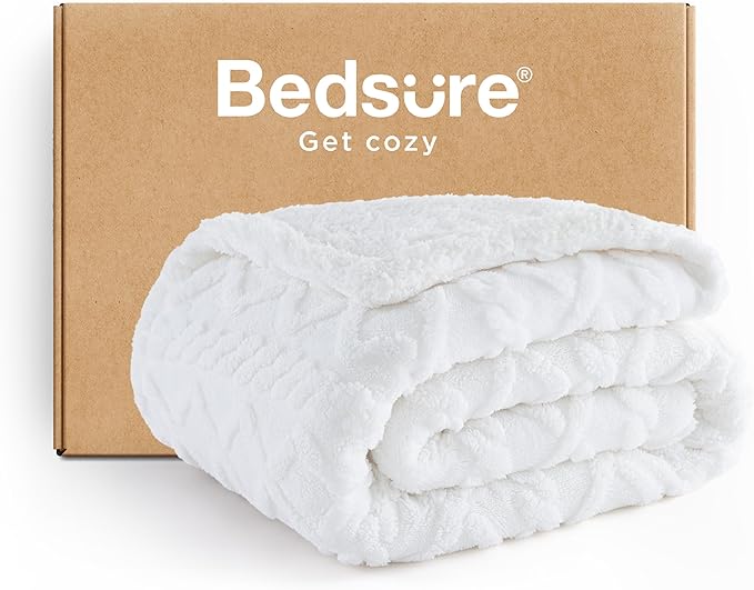 Bedsure Gentlesoft Sherpa Fleece Blanket Twin Size for Bed - Fluffy & Cozy Cable Jacquard Tufted for Women Gift, Thick and Warm Blankets for Winter, White, 60x80 Inches