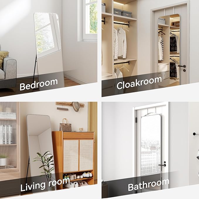 57x20 Door Hanging Full Length Mirror, Floor (Height 5.7ft just Body in 1.3ft) or Wall Mounted Metal Frame Rectangle Dressing Mirrors for Bedroom Bathroom Living Room 57 inch Silver