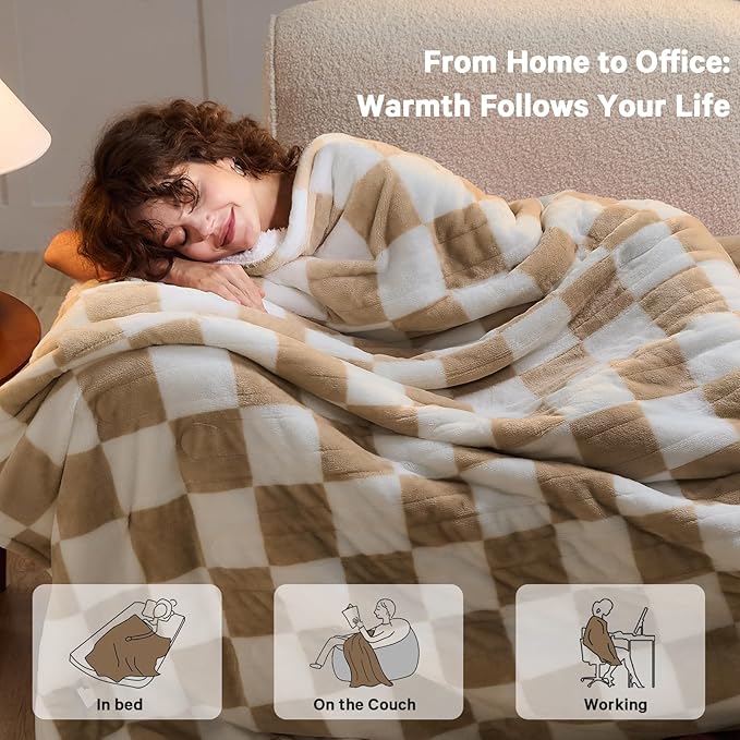 Light Brown Heated Throw Blanket Electric, 50X60 Heating Blanket with 10 Heat Levels & 8 Hours Auto Off for Lap, Checkered Plaid Soft Sherpa Blankets for Mom Grandma Women Couch
