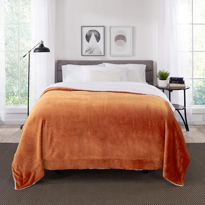 Genteele Sherpa Throw Blanket Super Soft Reversible Ultra Luxurious Plush Blanket, 102 x 90 inches, Burnt Orange/White