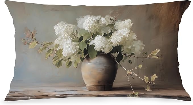 Vintage Moody Hydrangea Floral Lumbar Pillow Cover 12x20 Double-Sided, Cottagecore Room Decor, Farmhouse Spring White Flower Botanical Decorative Throw Pillow Cover for Living Room Home