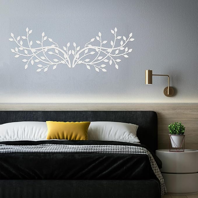 Meltset Metal Tree Leaf Wall Decor, Vine Olive Leaf Branch Wall Art,Wrought Iron Artwork, Decorative Wall Sculptures Above The Bed, Living Room, Indoor and Outdoor (2 Pcs/White)