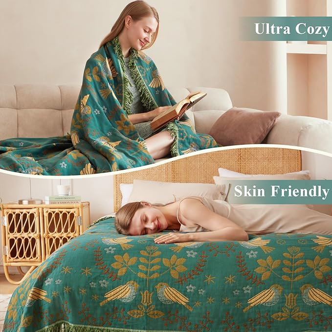 Boho Throw Blanket - 100% Cotton Soft Throw Blanket for Bed, 90"x90" Reversible Breathable Lightweight Spring Blankets, All Seasons Farmhouse Decor Floral Plant Bird Throw Quilt