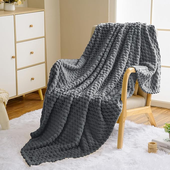 Vessia Flannel Fleece Throw Blanket(50x70 inch), 3D Jacquard Grey Fuzzy and Warm Blanket for Couch,Sofa,Bed,Chair, 300GSM Super Soft Touch Cozy Lightweight Throw for All-Season Home Decor