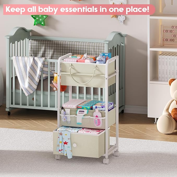 2In1 Baby Diaper Caddy Organizer and Storage, 3 Tier Rolling Cart with Drawer, Mobile Utility Cart Baby Dresser Clothes Organizer for Crib, Art & Craft Storage, White, 17"W x 11.42"D x 33.5"H