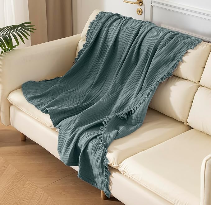 KyraHome 100% Cotton 104"x90" King Size Cotton Blankets for Adults, Kids, Couch, Plant Dyed Pre-Washed Breathable Lightweight Gauze Muslin Bed Blanket, All Season, Slate Blue