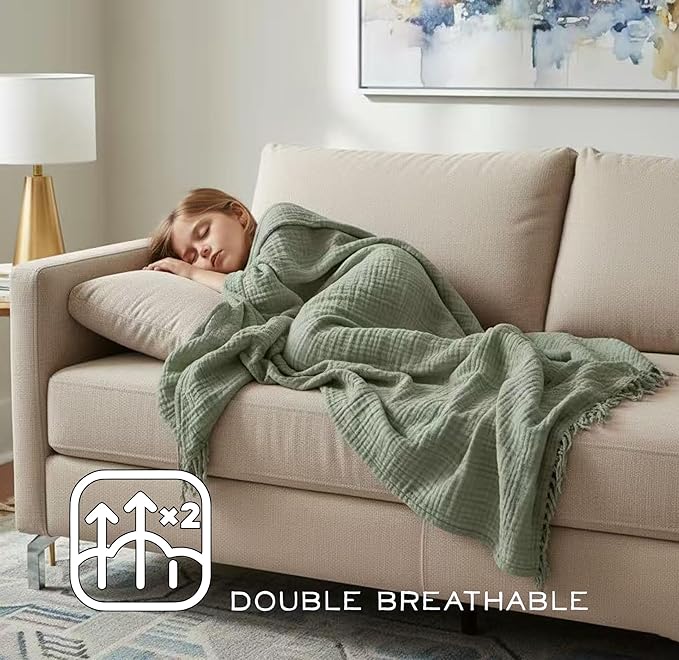 KyraHome 100% Organic Cotton Throw Blankets, 60"x80", Plant Dyed, Lightweight Warm, Gauze Soft Muslin Blankets for Adults, Picnic, Travel, All Season, Sage Green