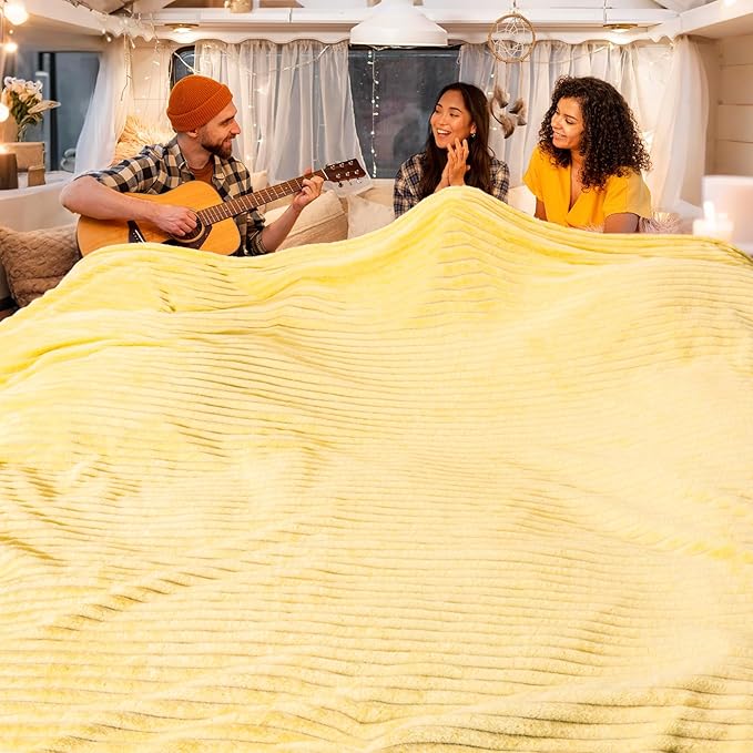 Vessia Flannel Fleece King Blanket for King Size Bed, 300GSM Striped 108x90 inch Light Yellow Blanket for Adults and Kids, Super Soft Warm Cozy Lightweight Ribbed Pale Yellow Decor for All-Season