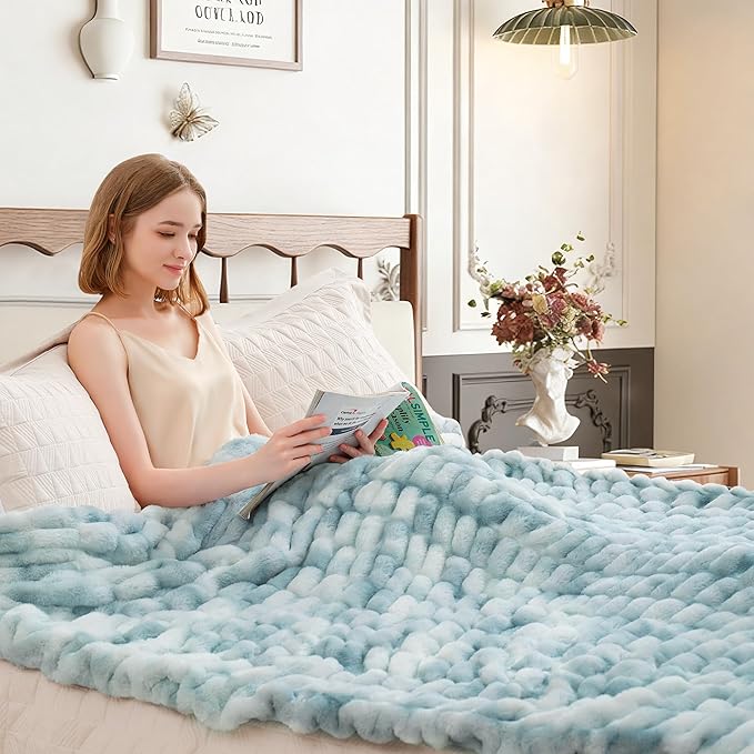 Ultra Soft Luxury Faux Fur Twin Blanket for Couch, Fuzzy Fluffy Plush Warm Cozy Ruched Blanket for Sofa Bedroom Living Room, Elegant Gift Idea for Women (60"x80",Tie-dye Freshwater Blue)