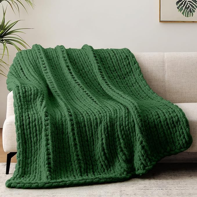 Chunky Knit Throw Blanket, 80''*90'' Knitted Throw Chenille Yarn for Bed Couch, Handmade Grass Green Crochet Big Thick Blanket, Machine Washable Cute Comfy Blanket for Home Decor