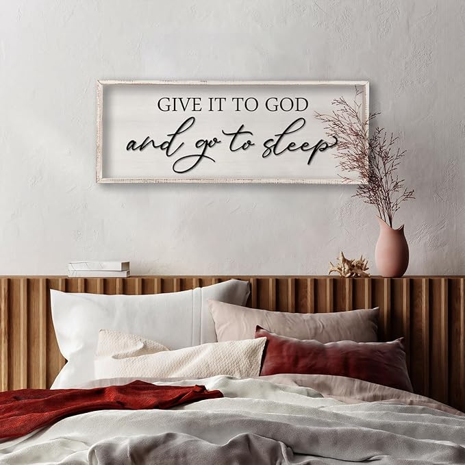 Give it to God and Go to Sleep Sign Wall Decor Wood Frame 40" X 15" Master Bedroom Above Bed Large Rustic Farmhouse Hanging Over Bed Wall Art Guest Room Decoration (White)